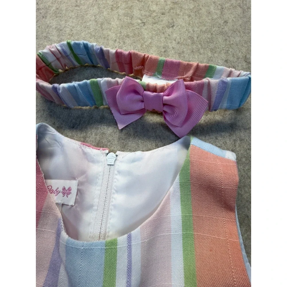 Bonnie Baby 3 Piece Dress Set Baby 18M Striped Bow Headband Diaper Cover